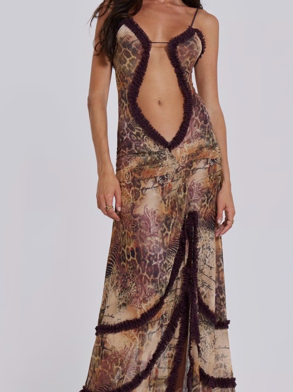 Jaded London Brown Animal-Print Sheer Cutout Maxi Slip